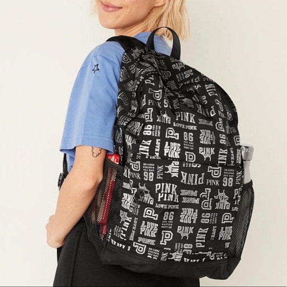 Victoria Secret PINK Backpack Black with Silver Logo - Picture 7 of 8